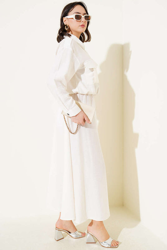 Çift Cepli Fermuarlı Etekli İkili Takım Ekru