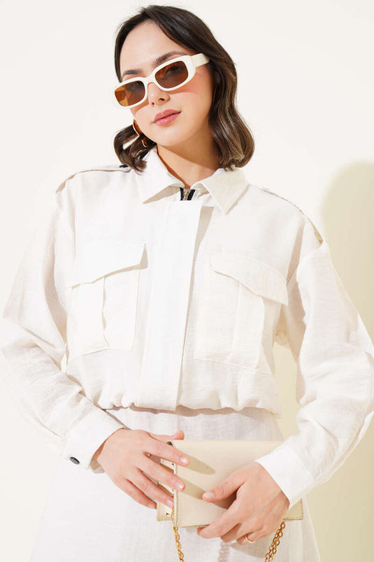 Çift Cepli Fermuarlı Etekli İkili Takım Ekru