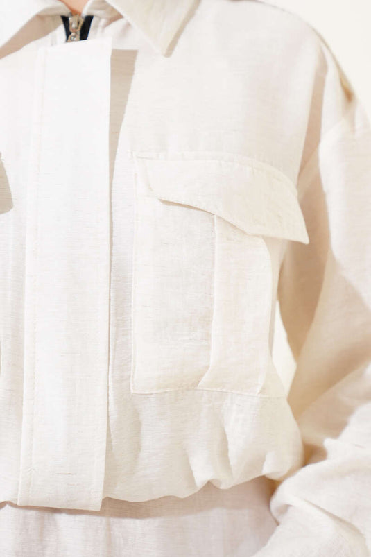 Çift Cepli Fermuarlı Etekli İkili Takım Ekru