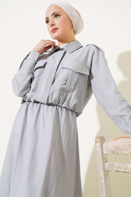 Çift Cepli Fermuarlı Etekli İkili Takım Gri