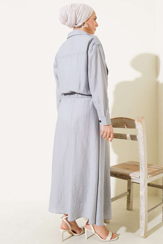 Çift Cepli Fermuarlı Etekli İkili Takım Gri