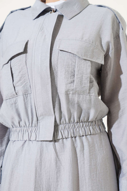 Çift Cepli Fermuarlı Etekli İkili Takım Gri