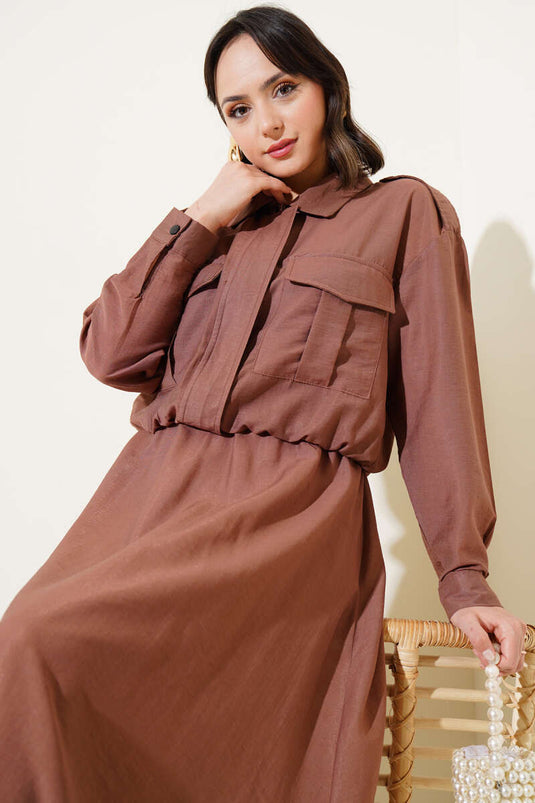 Ensemble deux pièces avec jupe zippée à double poche marron