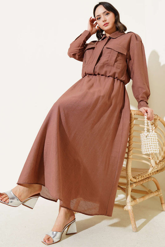 Double Pocket Zippered Skirt Two-Piece Set Brown