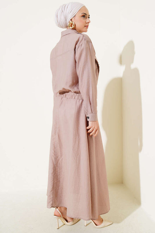 Çift Cepli Fermuarlı Etekli İkili Takım Latte