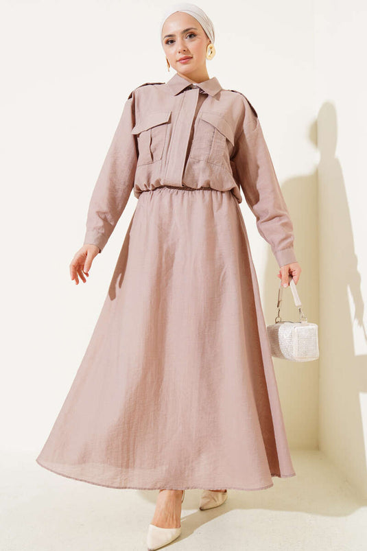 Çift Cepli Fermuarlı Etekli İkili Takım Latte