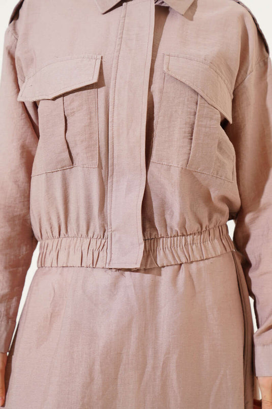 Çift Cepli Fermuarlı Etekli İkili Takım Latte