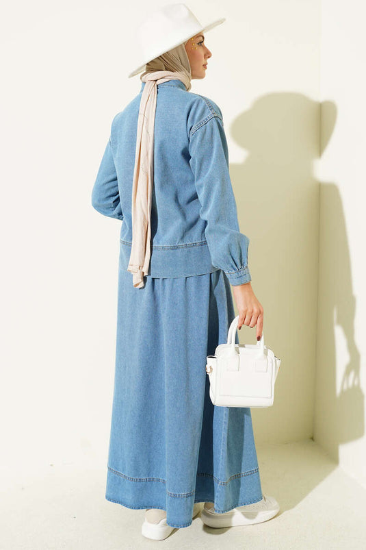 Çift Cepli Fermuarlı Etekli Kot Takım Açık Mavi