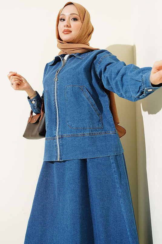 Ensemble En Jean Bleu À Poches Doubles Et Jupe Zippée
