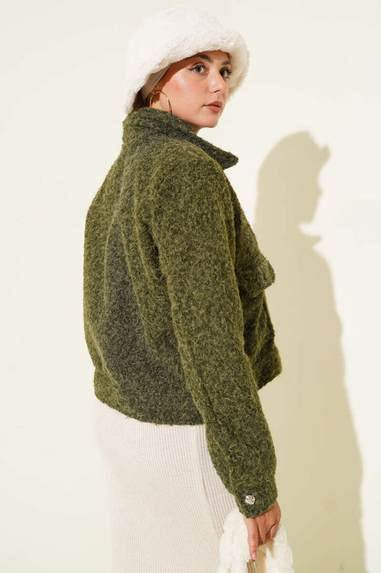 Veste courte zippée à double poche kaki