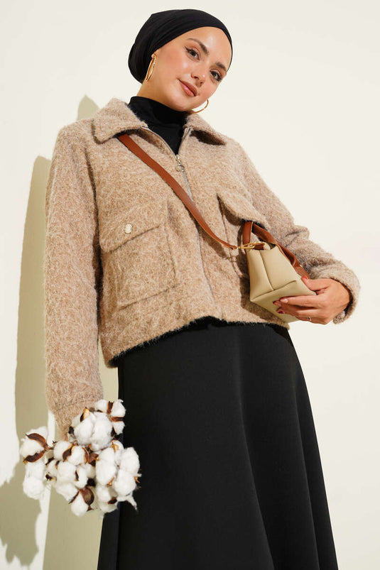 Veste courte zippée à double poche Latte