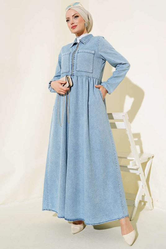 Çift Cepli Fermuarlı Kot Elbise Kot Mavisi