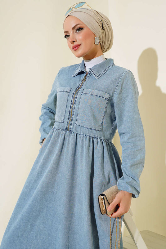 Çift Cepli Fermuarlı Kot Elbise Kot Mavisi