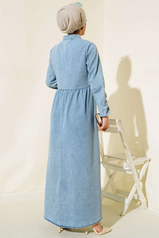 Çift Cepli Fermuarlı Kot Elbise Kot Mavisi