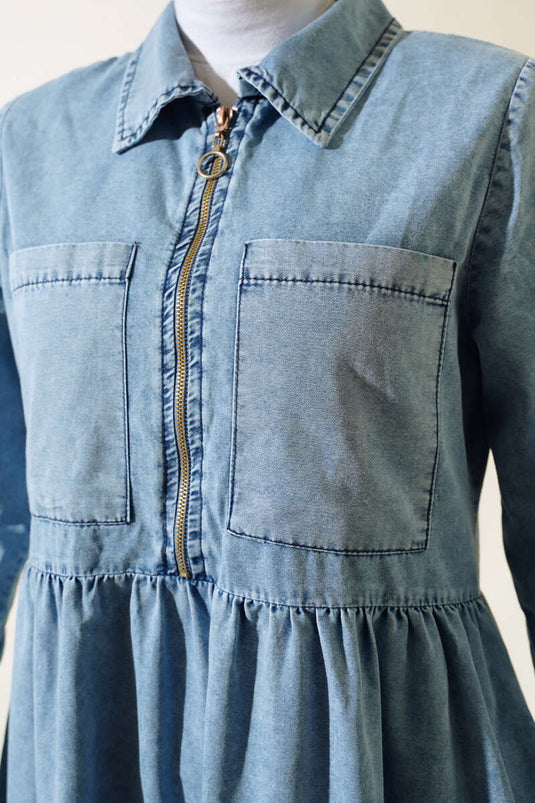 Çift Cepli Fermuarlı Kot Elbise Kot Mavisi