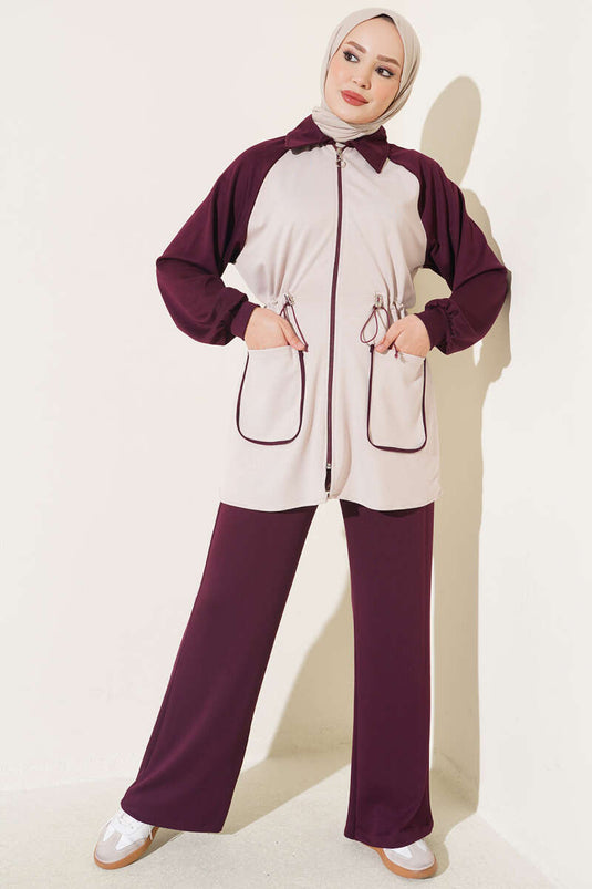 Conjunto De Punto Con Doble Bolsillo En Ciruela