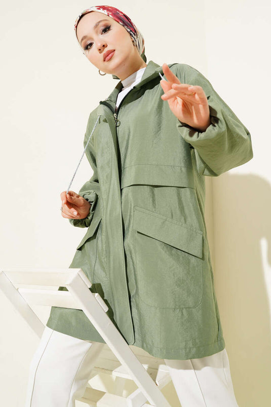 Çift Cepli Gizli Fermuarlı Kap Çağla Yeşili