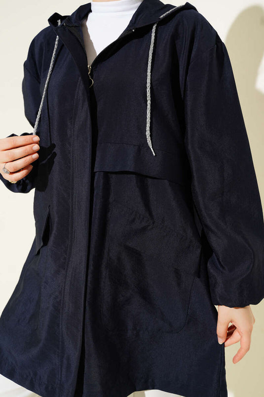 Çift Cepli Gizli Fermuarlı Kap Lacivert