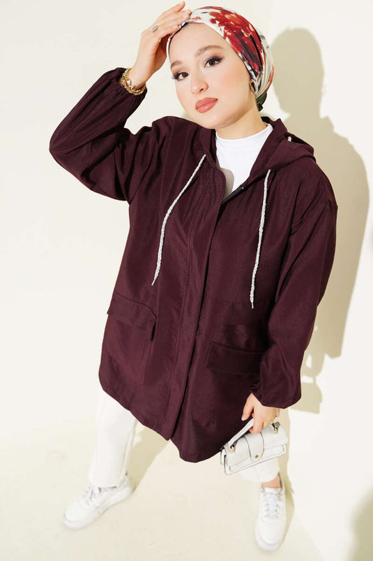 Çift Cepli Gizli Fermuarlı Kap Mürdüm