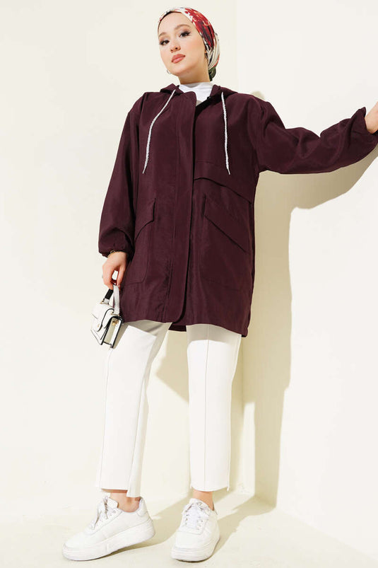 Çift Cepli Gizli Fermuarlı Kap Mürdüm