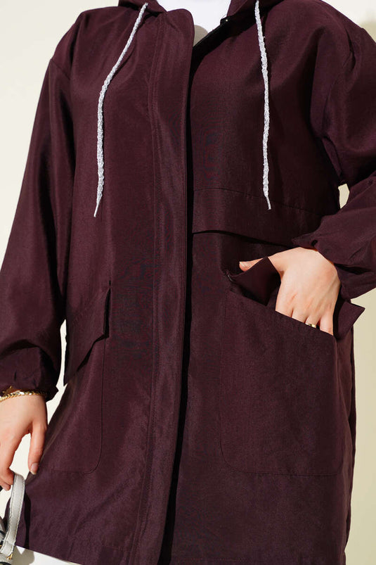 Çift Cepli Gizli Fermuarlı Kap Mürdüm