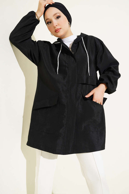 Çift Cepli Gizli Fermuarlı Kap Siyah