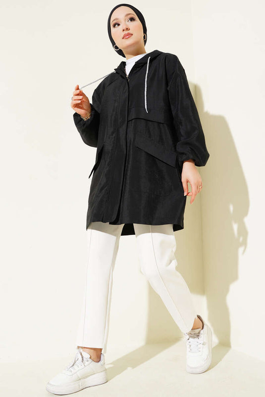 Çift Cepli Gizli Fermuarlı Kap Siyah