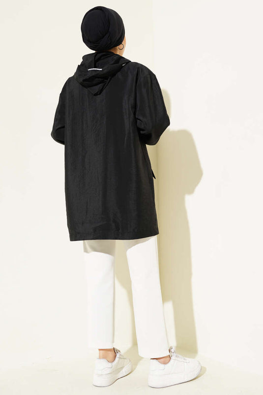 Çift Cepli Gizli Fermuarlı Kap Siyah