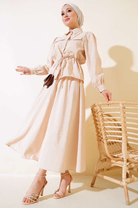 Double Pocket Two-Piece Skirt Set Beige