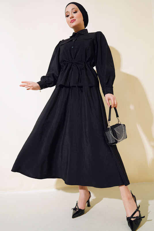 Double Pocket Two-Piece Skirt Set Black