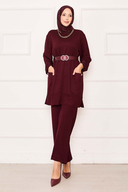 بدلة مكونة من قطعتين بجيب مزدوج - لون عنابي