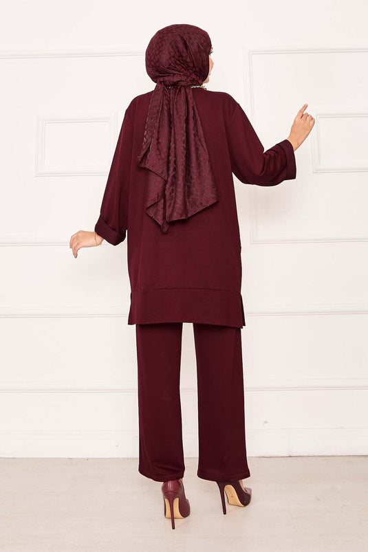 بدلة مكونة من قطعتين بجيب مزدوج - لون عنابي