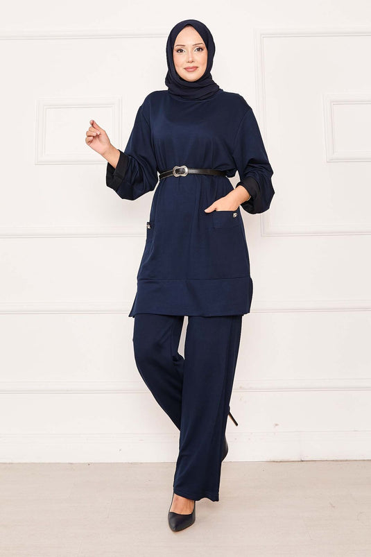 Costume deux pièces à double poche bleu marine