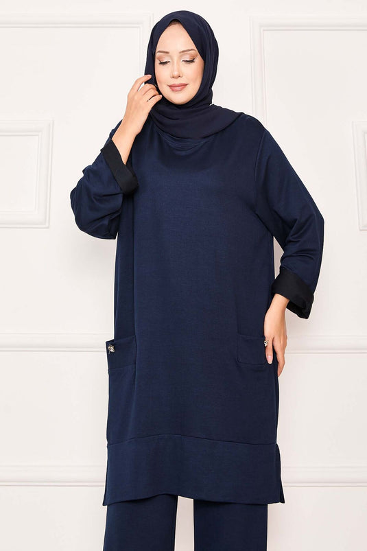 بدلة من قطعتين بجيب مزدوج، أزرق داكن