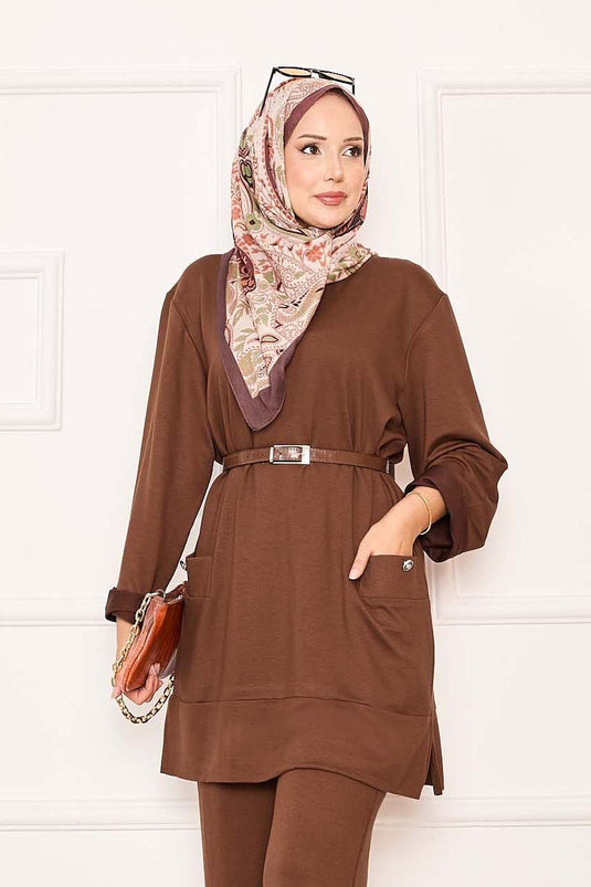 Costume deux pièces à double poche beige