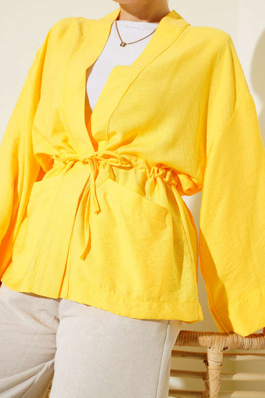 Kimono con doppia tasca e cravatta, giallo