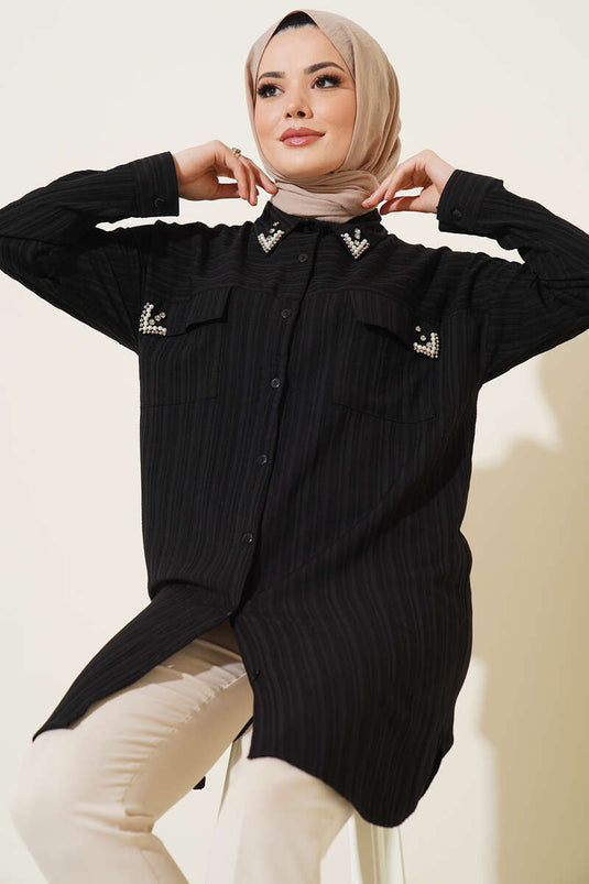 قميص بغطاء حجري بجيبين أسود