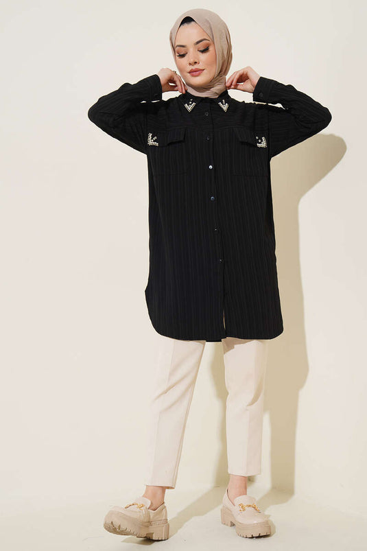 قميص بغطاء حجري بجيبين أسود