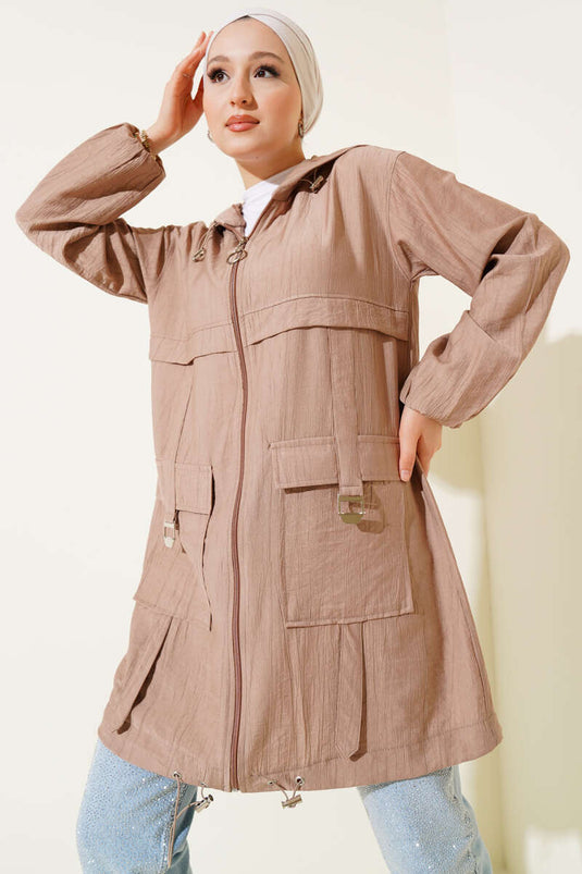 Çift Cepli Kapüşonlu Kap Latte