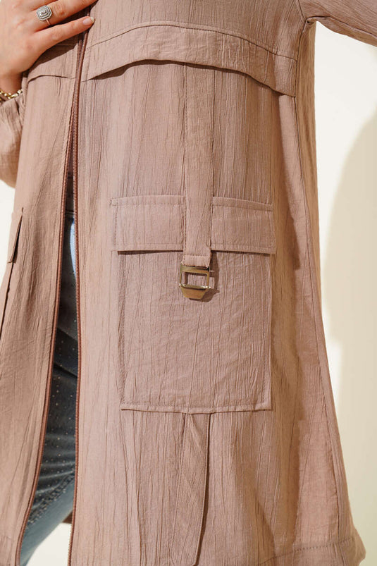 Çift Cepli Kapüşonlu Kap Latte