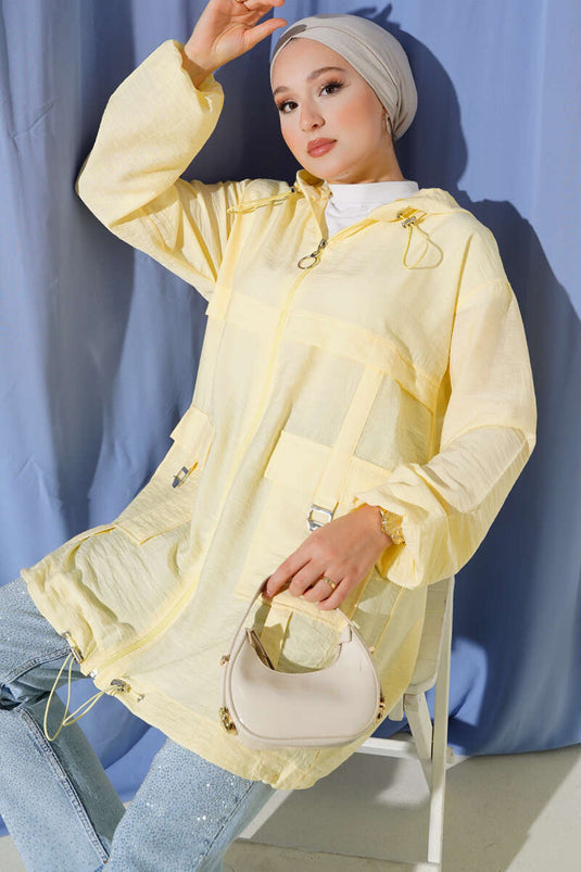 Çift Cepli Kapüşonlu Kap Sarı