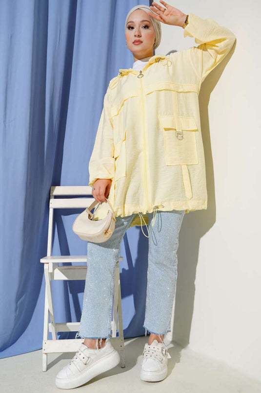 Çift Cepli Kapüşonlu Kap Sarı