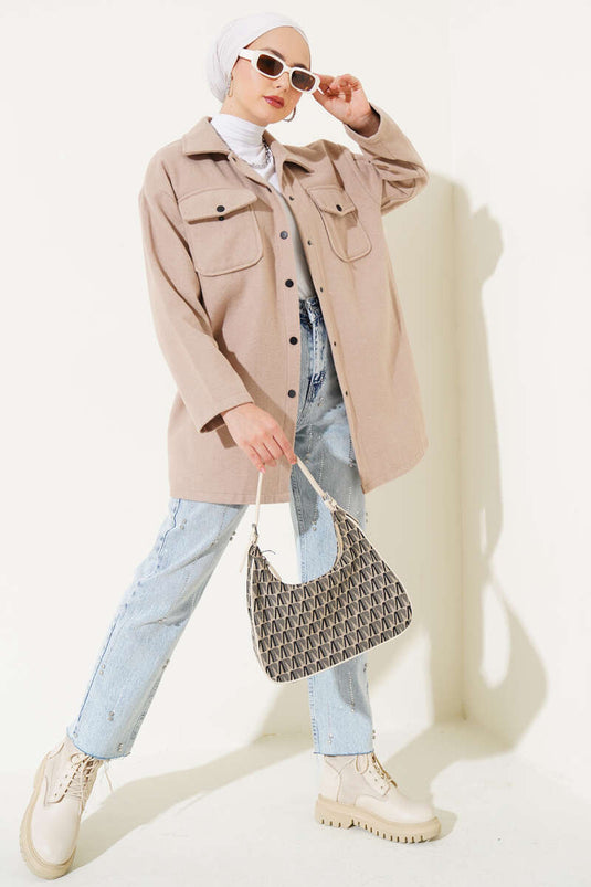 Çift Cepli Kaşe Gömlek Bej