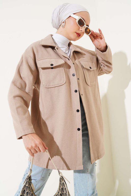 Çift Cepli Kaşe Gömlek Bej