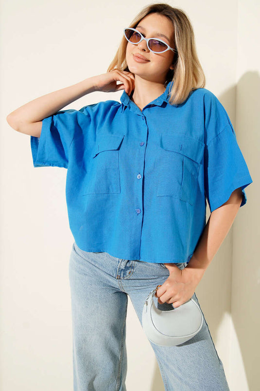 Double Pocket Linen Shirt (Navy Blue)