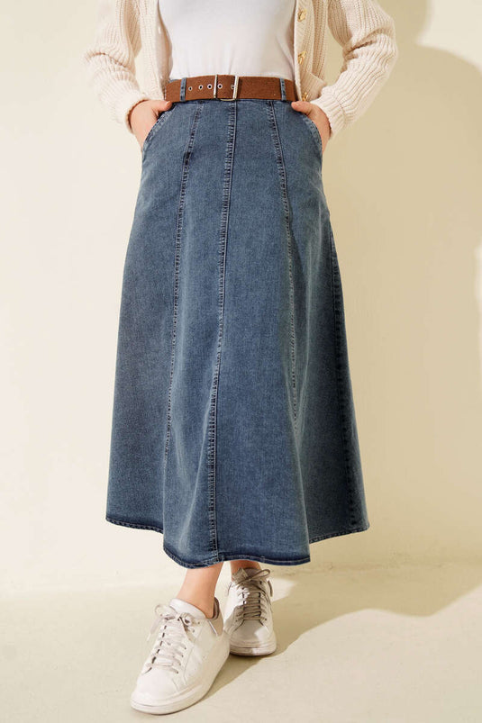 Jupe en jean évasée à double poche bleue
