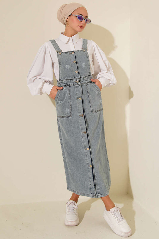 Çift Cepli Kot Askılı Slopet Açık Mavi