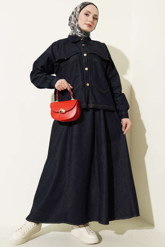 Ensemble deux pièces jupe et veste en jean à poches doubles bleu marine