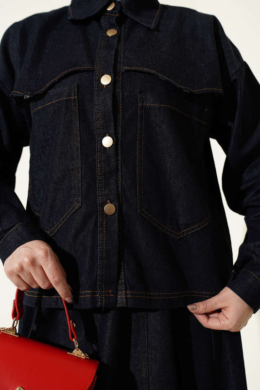 Ensemble deux pièces jupe et veste en jean à poches doubles bleu marine
