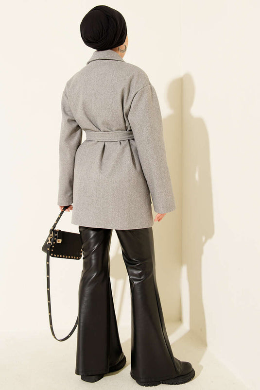 Manteau court croisé à double poche et ceinture, gris